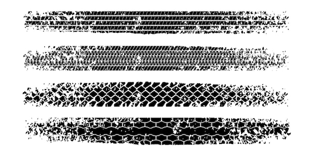 Tire tread print or truck track with grunge effect set isolated on white background