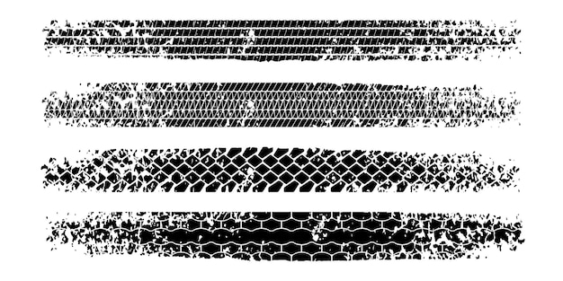 白い背景に分離されたグランジ効果セットとタイヤ トレッド プリントまたはトラック トラック