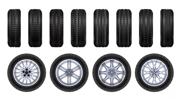 Tire wheels realistic set icon.