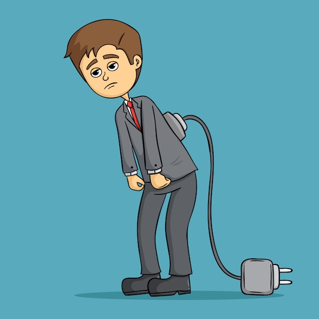 Tired business man low battery with charger cable on blue background