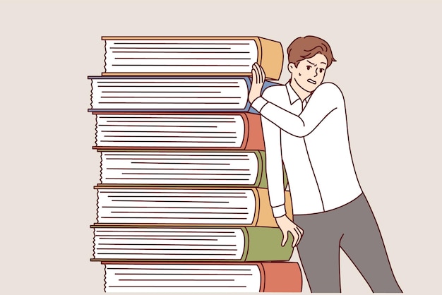 책 더미 근처에 피곤한 사업가는 기업 교육 자료로 인해 어려움을 겪고 있습니다.