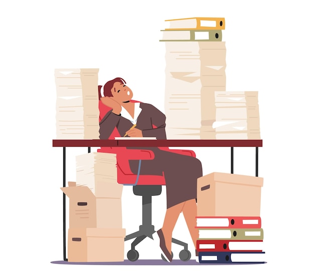 Vector tired business woman sleeping at workplace with heaps of documents and paperwork secretary loaded with work in office