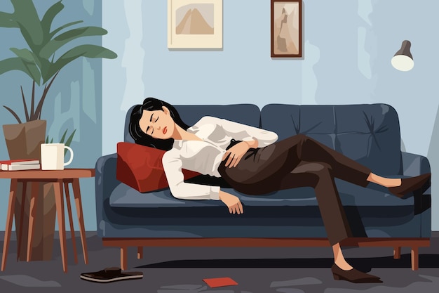 Vector tired business woman sleeps on couch feeling lack of strength to change into pajamas after hard day work tired girl sleeps on sofa in office and is lazy shirking from official duties