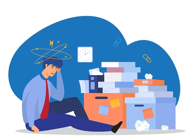 Vector tired businessman sitting on the floor there is a large pile of documents disorganized document search concept gives a headache flat style cartoon vector illustration