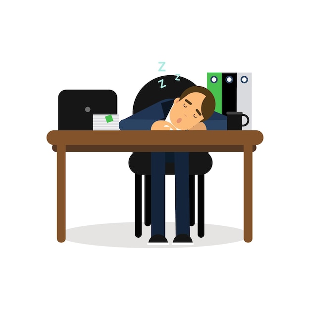 Vector tired businessman sleeping on his chair in the office, exhausted worker relaxing cartoon vector illustration isolated on a white background