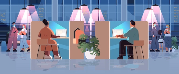 Vector tired businesspeople in masks working together in creative coworking center teamwork concept dark night office interior horizontal full length