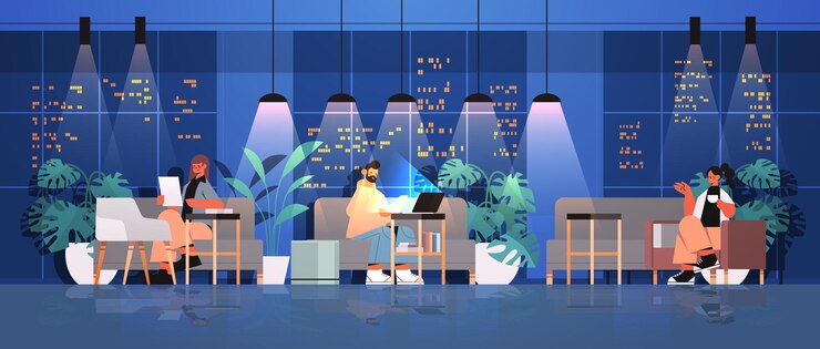Vector tired businesspeople working together in creative coworking center teamwork concept dark night office interior horizontal full length 