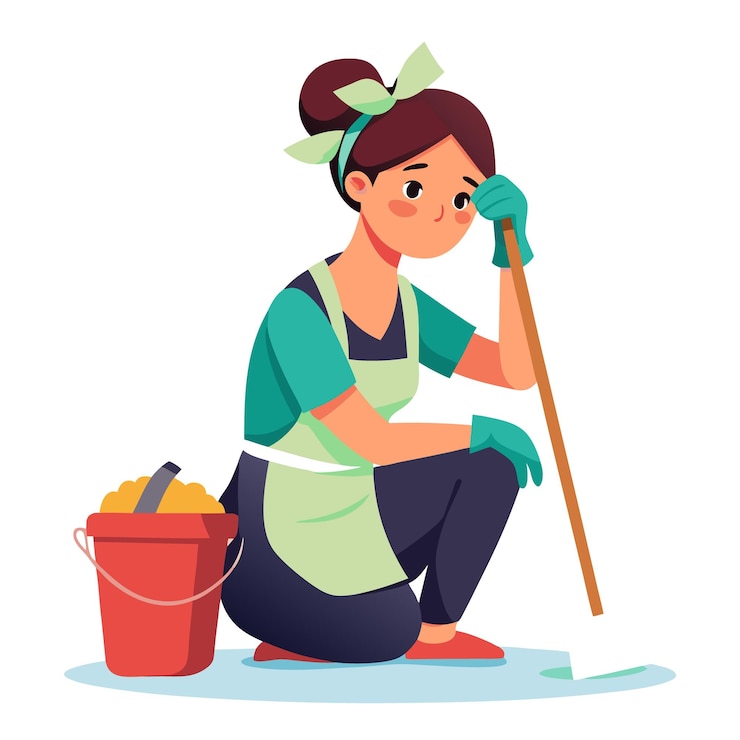 Vector tired cleaning lady sitting down in a vector art style with realistic details
