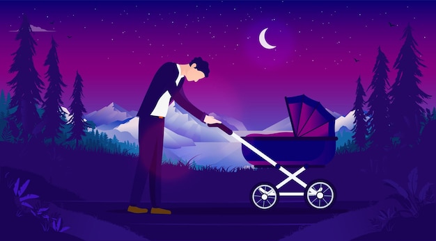 Tired dad walking with baby carriage at night