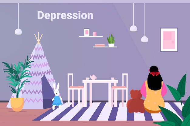 Vector tired depressed child sitting on carpet unhappy girl feeling desperate mental health diseases depression concept living room interior horizontal full length vector illustration