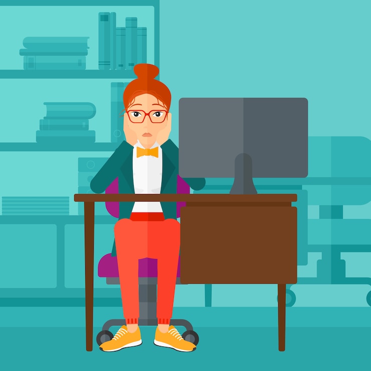 Vector tired employee sitting in office.