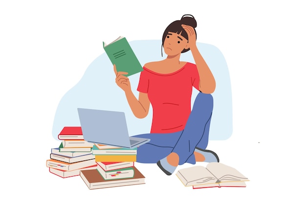 tired female student reading books and using laptop while sitting on floor preparing for exams