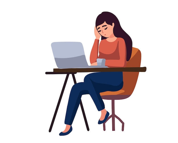 Tired girl working at the computer vector illustration