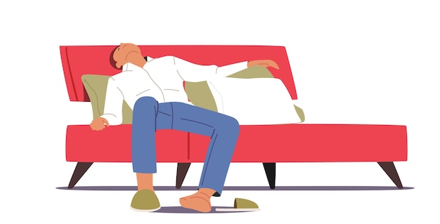 Tired Male Character Sleep Like a Log Lying on Bed in Room Isolated on White Background Tiredness Depression Concept with Sleeping Man in Formal Wear in Bedroom Cartoon People Vector Illustration