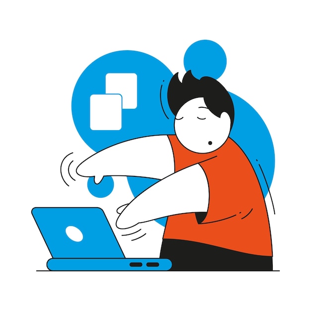 Tired male employee working on laptop with closed eyes vector flat illustration overworked manager