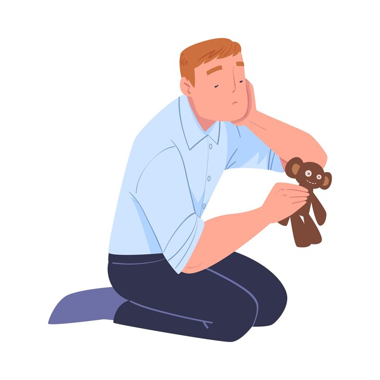 Vector tired man dad sitting on the floor feeling exhaustion vector illustration