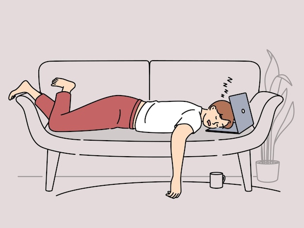 Vector tired man fall asleep on sofa with laptop