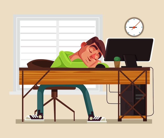 Tired man office worker character sleeping on workplace