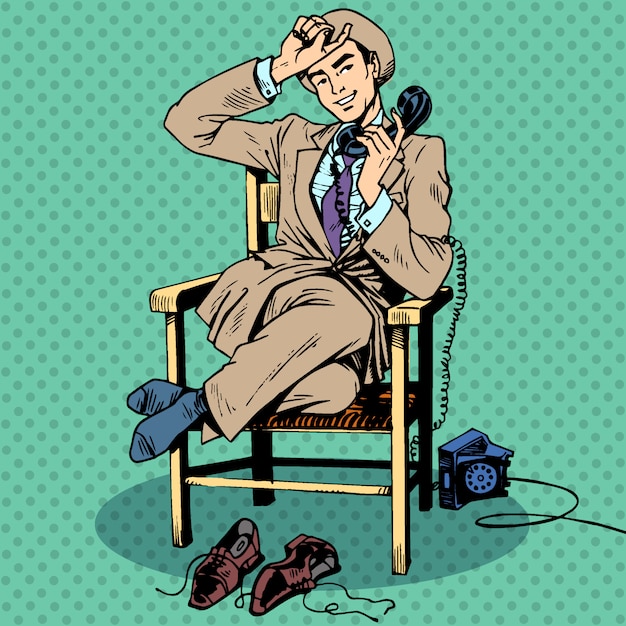 Vector tired man sits chair talking phone