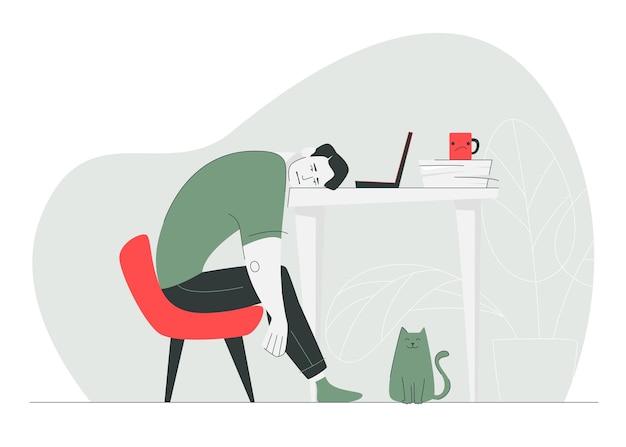 Tired man sleeps on the desktop Burnout concept A laptop a mug of coffee documents are on the desktop Cute cat under the table