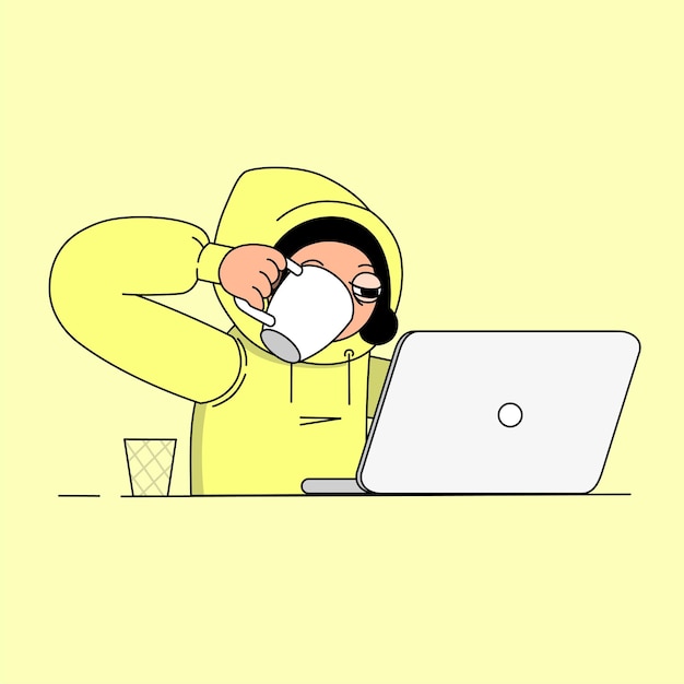 Уставший мужчина с ноутбуком пьет кофе Офисный работник IT-разработчик Векторная иллюстрация контура