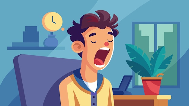 Vector tired man yawning at desk in office setting