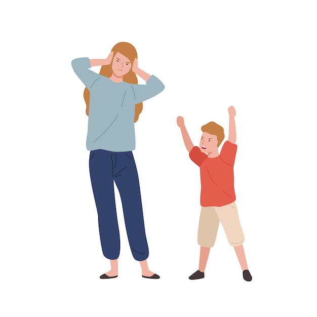 Vector tired mother holding head near screaming son isolated on white. woman have stress and headache during motherhood vector flat illustration. parents and children relationship.