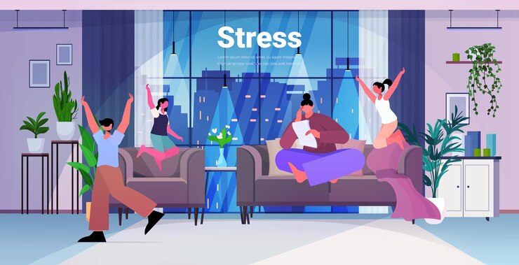 Vector tired mother sitting on sofa stressed woman spending time with children feeling desperate mental health diseases depression concept living room interior horizontal full length vector illustration