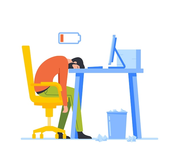 Tired overload businessman with low life energy power sleeping on office desk professional burnout overwork tiredness fatigue business problems and depression concept cartoon vector illustration