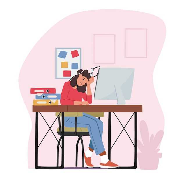 Tired Overloaded Business Woman with Glasses in Hand Sit with Closed Eyes at Computer Trying to Figure Out Information at Workplace Stress Deadline Employee Burnout Cartoon Vector Illustration