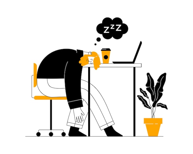 Vector tired overworked manager sleeping with head down on laptop