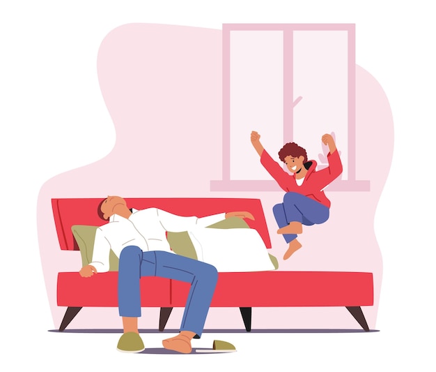 집에서 지나치게 활동적인 아이가 있는 피곤한 부모는 아들이 침대에서 점프하는 동안 잠을 자고 주말 또는 잠금 만화 사람들 벡터 일러스트 레이 션 동안 아기 활동으로 인한 아빠의 피로