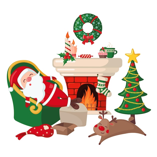 흰색으로 격리된 벽난로와 크리스마스 트리 근처 의자에서 자고 있는 피곤한 산타 클로스와 사슴