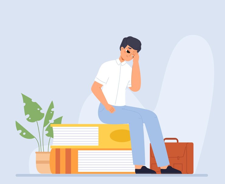 Vector tired student sitting on book pile exams work and study hard life rhythm cartoon boy frustrated modern lifestyle vector scene