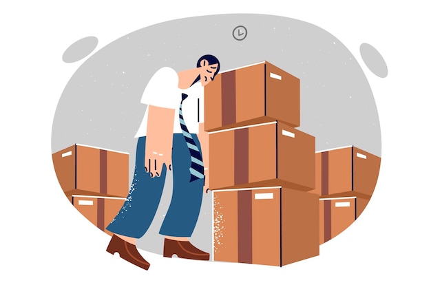 Vector tired warehouse worker sleeps standing near cardboard boxes due to problems with logistics