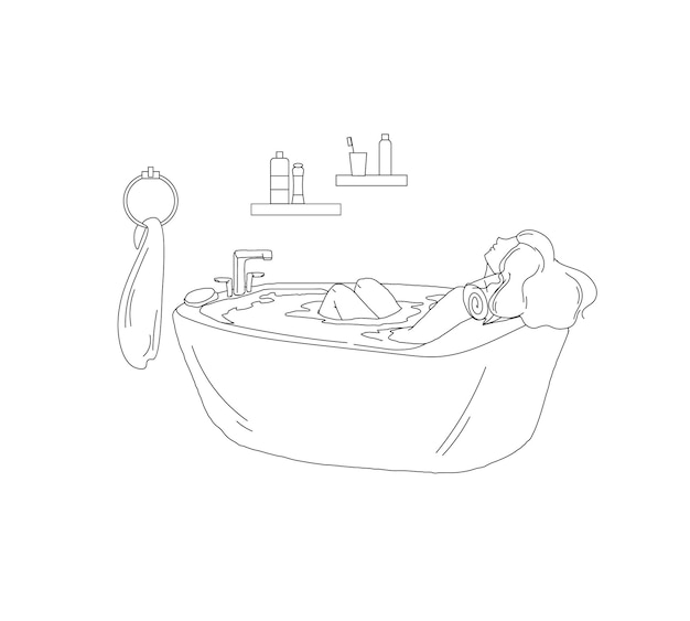 Vector tired woman character bathing relaxing in warm water after hard working day outline vector drawing illustration