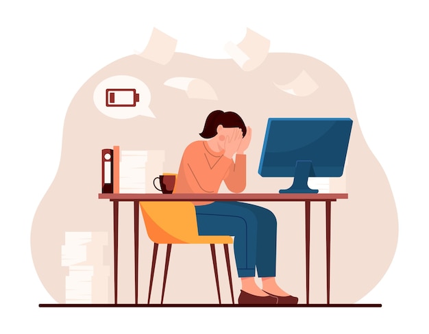 Tired woman concept woman without energy sitting at her desk and crying busy employee with emotional