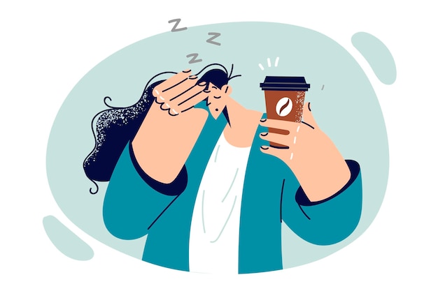 피곤한 여성은 졸음을 없애고 카페인이나 타우린이 함유된 음료에 활력을 주기 위해 커피를 마십니다. 졸린 소녀는 명랑해지고 생산적인 일을 시작하기 위해 커피를 마시며 휴식을 취합니다