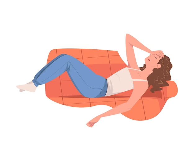 Tired Woman Mom Lying on Sofa Feeling Exhaustion Vector Illustration