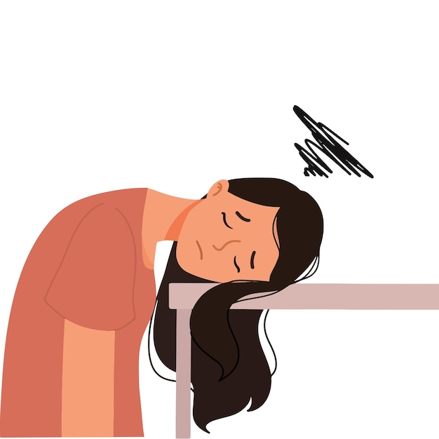 Tired woman put her head on desk illustration