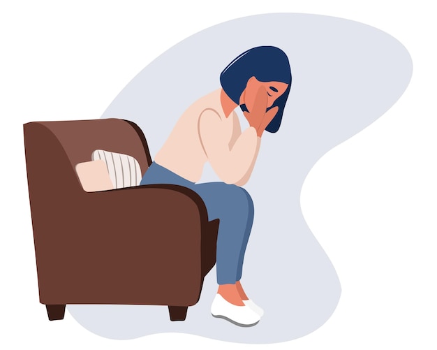 Tired woman sitting on the sofa with her eyes closed, holding her head with her hand