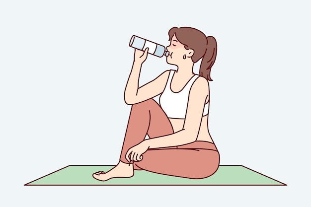 요가 매트에 앉아 운동 사이의 휴식 시간에 물을 마시는 피곤한 여성 벡터 이미지