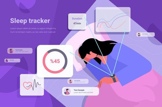tired woman sleeping with electronic smart watch app tracker on hand quality and quantity sleep control concept horizontal portrait copy space vector illustration