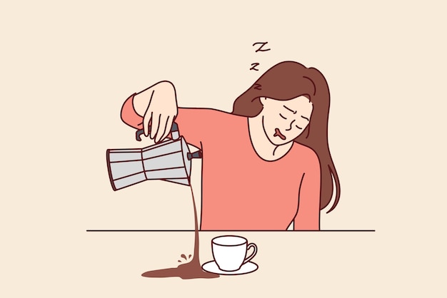 벡터 피곤한 여성은 아침 식사 중에 잠이 들고 초과 근무로 인해 휴가가 필요한 커피를 쏟습니다.