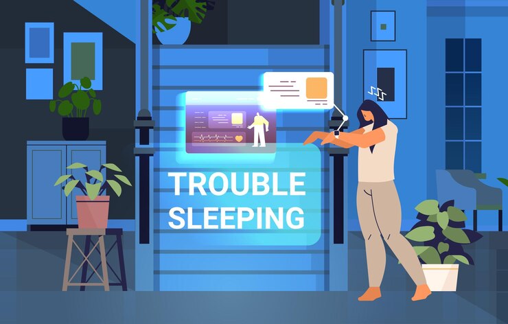 Vector tired woman with electronic smart watch app tracker on hand quality and quantity sleep control concept