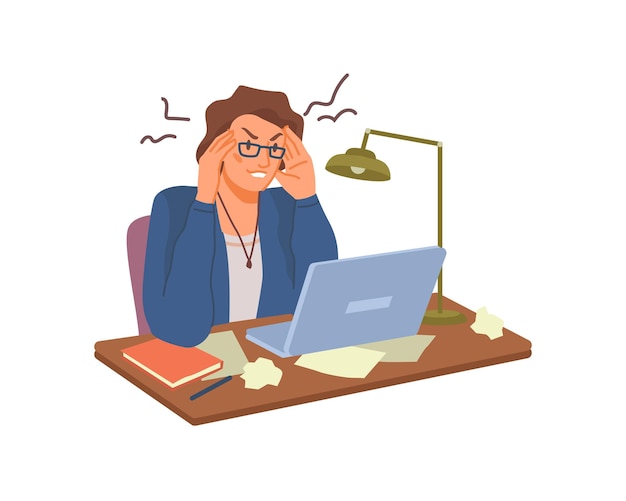 Vector tired woman with headache working on computer