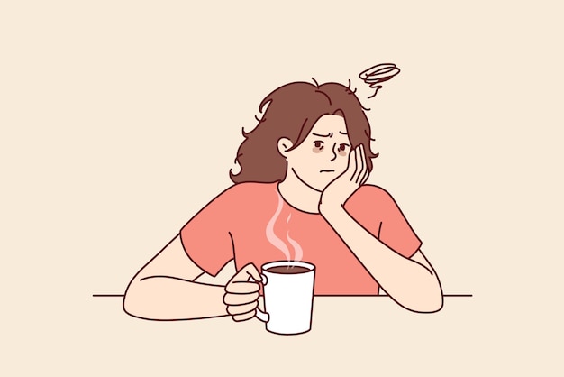 Vector tired woman with sad face drinks hot coffee and does not want to go to work due to lack of sleep