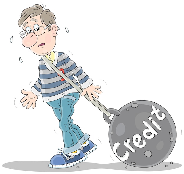 Vector tired young man in debt pulling a heavy bank credit a borrower repaying monthly interest on a loan
