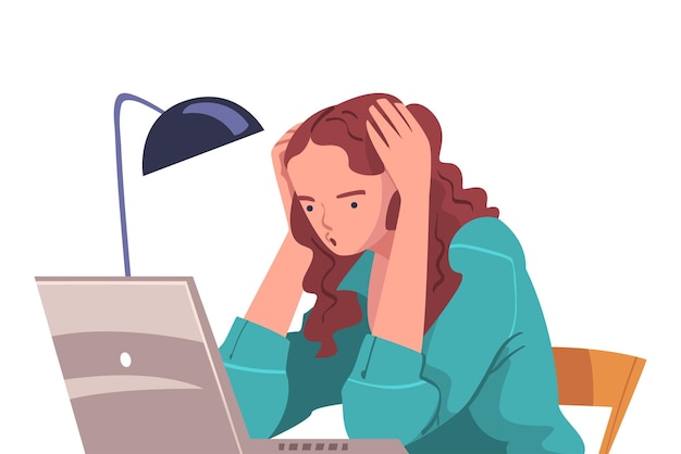 手で頭を握ってラップトップに座っている疲れた若い女性 ベクトルイラスト