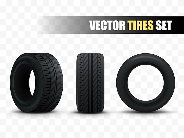 Vector tires set. 3d realistic car tires isolated on white.